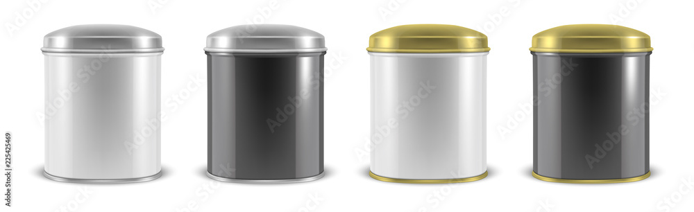 Vector realistic 3d white blank metal aluminium tin can containers with silver and gold cap different color - white and black - icon set closeup isolated on white background. Design template for Vector realistic 3d white blank metal aluminium tin can containers with silver and gold cap different color - white and black - icon set closeup isolated on white background. Design template for