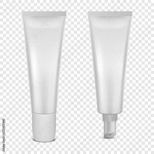 Vector realistic 3d white blank glossy closed and opened lip balm stick or hygienic lipstick in tube set closeup isolated on transparency grid background. Design template for graphics, vector mockup