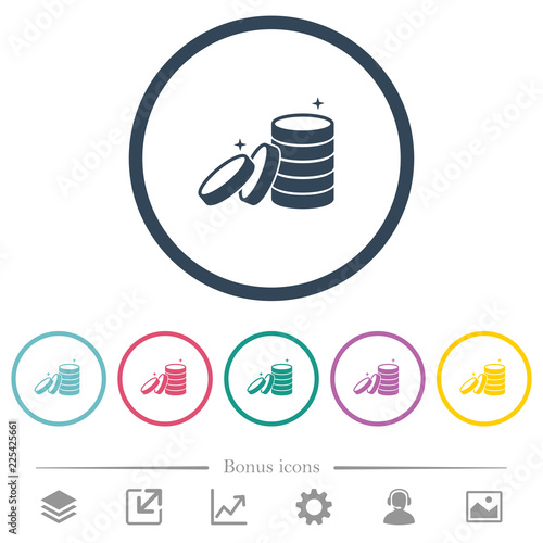 Stack of treasure flat color icons in round outlines