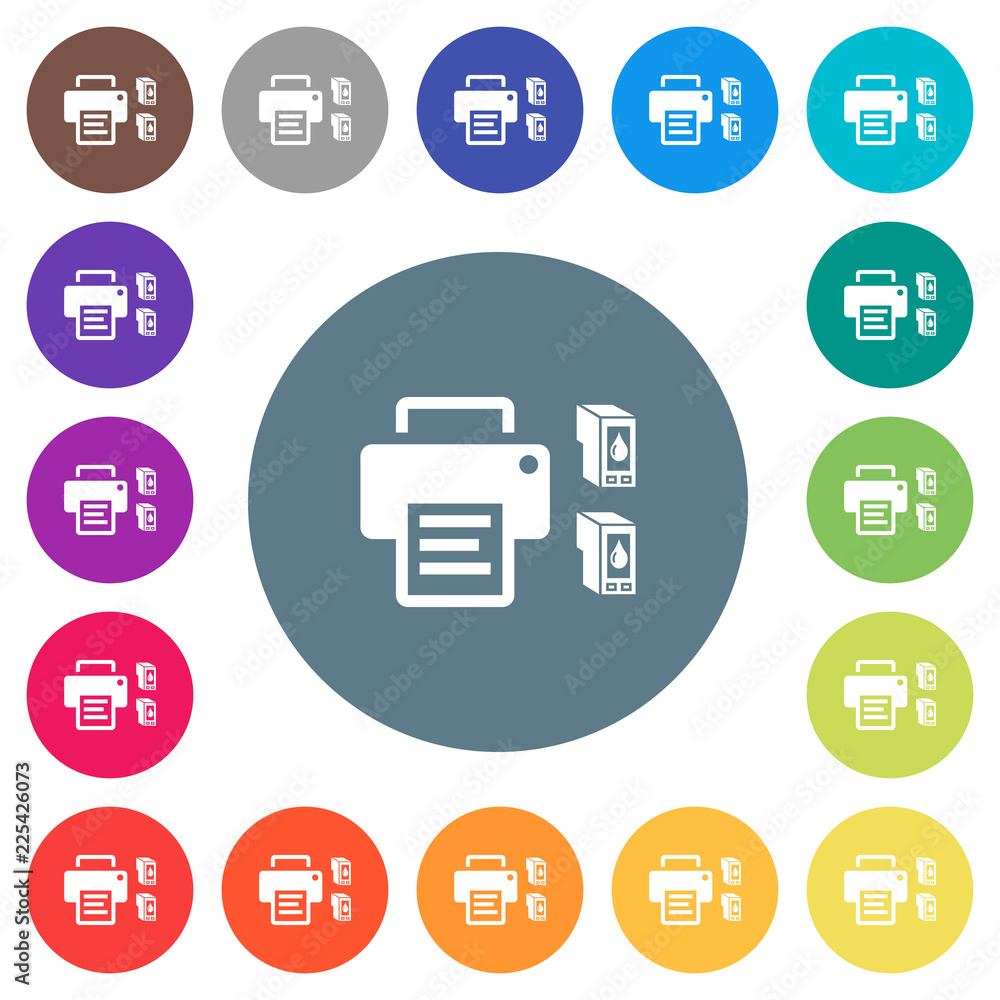 Printer and ink cartridges flat white icons on round color backgrounds Printer and ink cartridges flat white icons on round color backgrounds