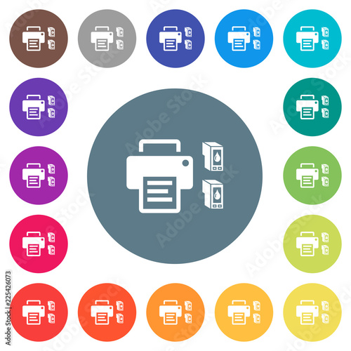 Printer and ink cartridges flat white icons on round color backgrounds