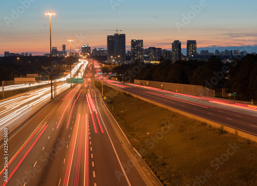 Photography View of highway 401 in Toronto, Canada with the trail lights at night