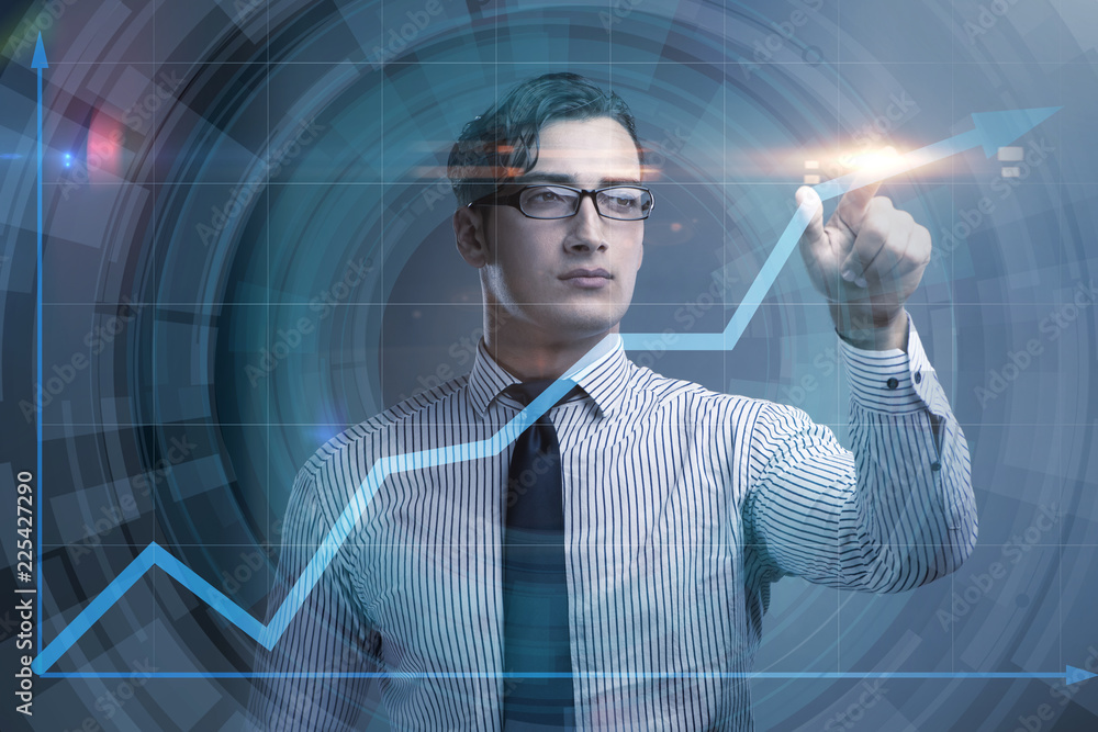 BUsinessman pressing virtual button on diagram chart BUsinessman pressing virtual button on diagram chart