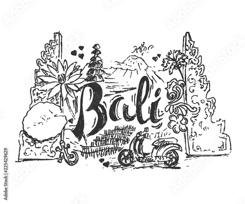 Drawing illustration of Bali island with different cultural elements and places. Hand drawn style picture for postcard. 
