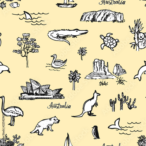 Valokuva Hand drawn pattern with Australian animals and places