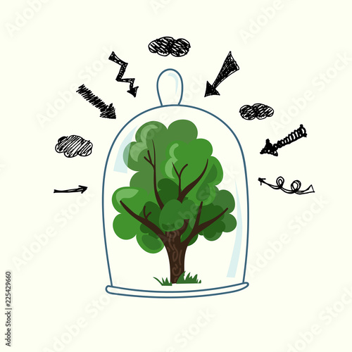 Green tree under a transparent glass dome. Save the forest and nature concept.  Bad influence on the environment. 