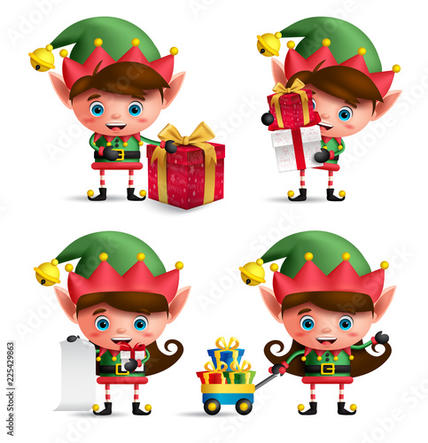 Christmas elves vector characters set. Cute kids with green elf costume holding gifts and other christmas elements isolated in white background. Vector illustration.
