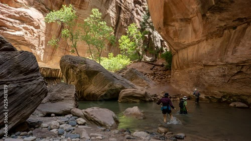 Cinemagraph of people crossing a river in Zion Nation Park in the US. photo