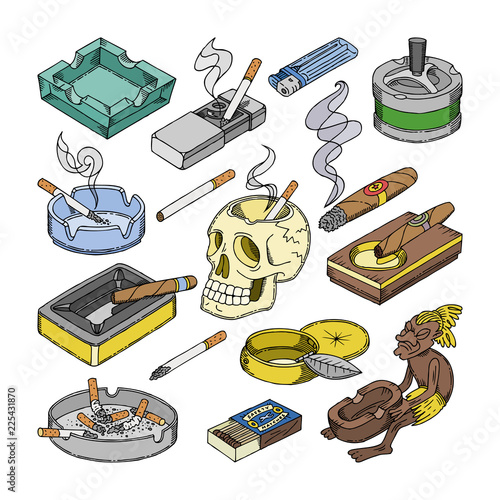 Ashtray vector ash-tray or ash-pot with smoking cigarette nicotine illustration unhealthy smoke addiction habit set of isometric cigar in ash tray and match sketch isolated on white background