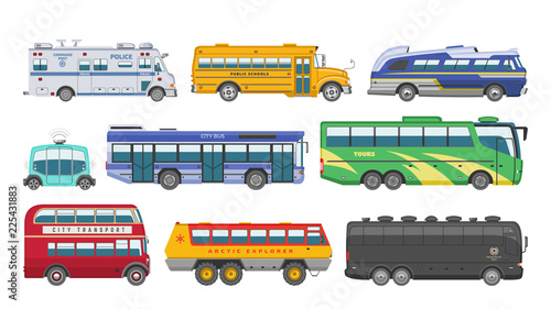 Bus vector public transport tour or city vehicle transporting passengers schoolbus police and transportable car illustration transportation set isolated on white background