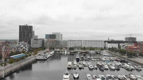 Aerial view of Bonapartedok in Antwerp, Belgium on a cloudy and foggy day. photo