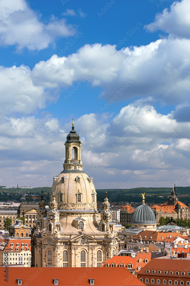 Aerial on roofs of Old Dresden and Frauenkirche