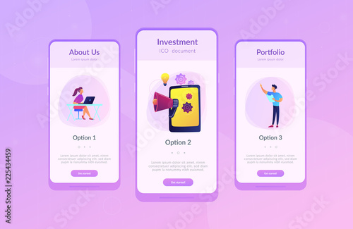 Tablet with loudspeaker and team working on white paper. ICO investment document, startup business strategy, product development plan concept, violet palette. App interface template.