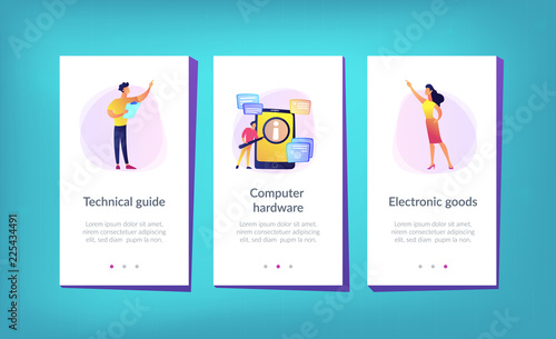 User looking for information in tablet with magnifier. Electronic goods technical assistance guide, manual for computer hardware and software concept, violet palette. App interface template.