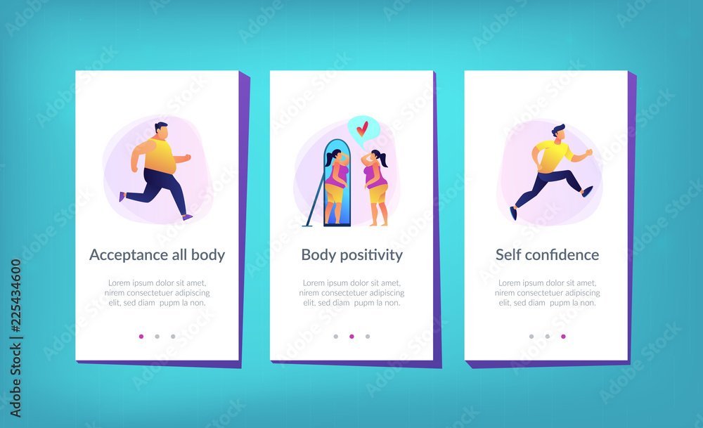 Plus size woman in front of the mirror as a concept of body positivity, acceptance and appreciation for all body types, body image, self confidence. Violet palette. Mobile UI UX app interface template