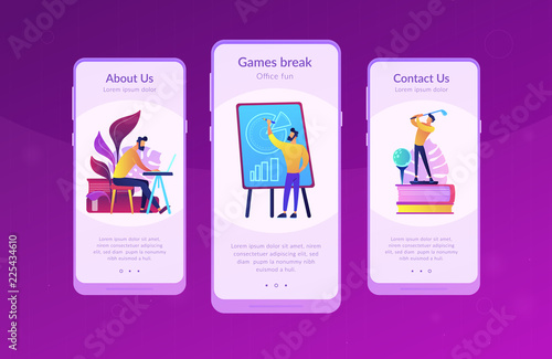 People in office working at the laptop, running presentation and playing golf as a concept of break, office fun, games and stress management. Violet palette. Mobile UI UX app interface template.