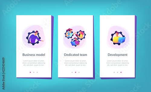 IT team members working as one mechanizm. Dedicated team - software development professionals engaged to the IT project. Business model in IT concept. Violet palette. Mobile UI UX app interface