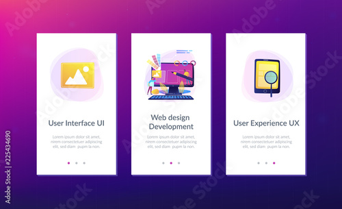 Designers are working on the desing of web page. Web design, User Interface UI and User Experience UX content organization. Web design development concept. Mobile UI UX app interface template.