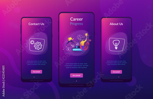 A man running up to the hand drawn stairs as a concept of coaching, business training, goal achievment, success, progress, carreer ladder, violet palette. Mobile UI UX app interface template.