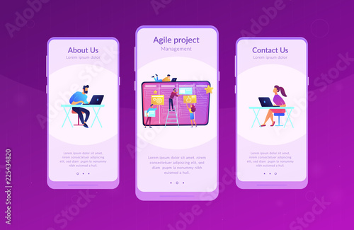 Team members moving cards on large kanban board. Teamwork, communication, interaction, business process, agile project management concept, violet palette. Mobile UI UX app interface template.