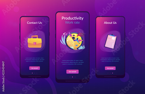 A freelance developer sitting on the clock hands with a laptop. Time management, productivity, efficiency, work rate, perfomance concept, violet palette. Mobile UI UX app interface template.