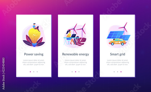 People around huge lamp analyzing power data. IoT, smart city and system modelling landing page. Power saving, smart grid energy, violet palette. UI UX GUI app interface template.