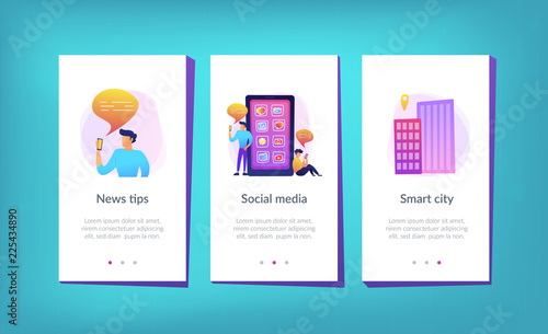 Men near huge smartphone with application icons on the screen checking social media and news feeds. Social media and news tips landing page. UI UX GUI app interface template.