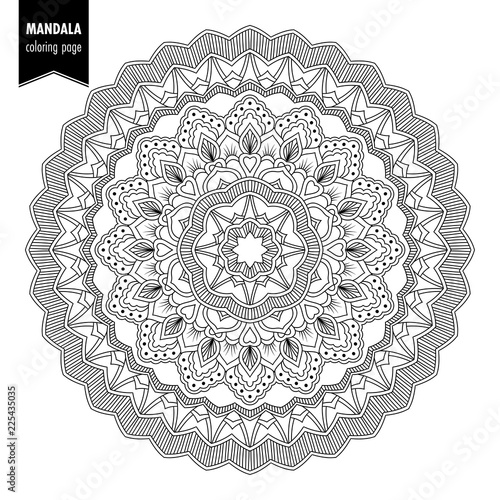 Monochrome ethnic mandala design. Anti-stress coloring page for adults. Hand drawn illustration