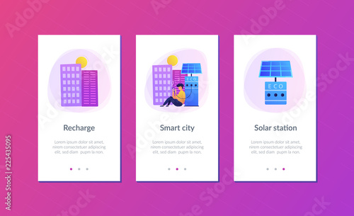 Man charges smartphone from solar recharge station. Ecological renewable charging systems, smart bus stops, IoT and smart city concept, violet palette. UI UX GUI app interface template.