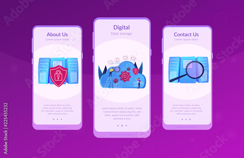 Two developers looking at the gears on the cloud. Digital data storage, database securiry, data protection, cloud technology concept, violet palette. Mobile UI UX GUI app interface template.