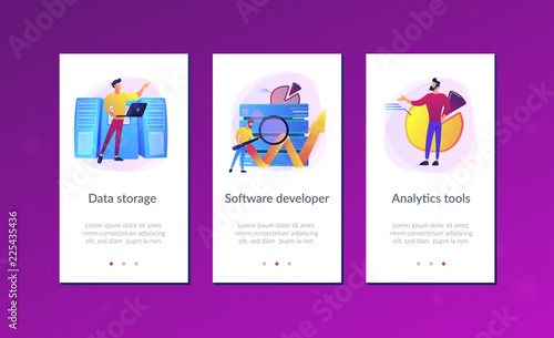 Developer with magnifying glass working with big data and zigzag arrow. Digital analytics tools, data storage and software engineering concept, violet palette. UI UX GUI app interface template.