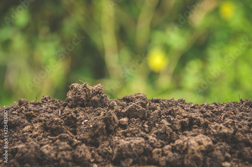 Preparing soil for agriculture and Pile of soil with green background.