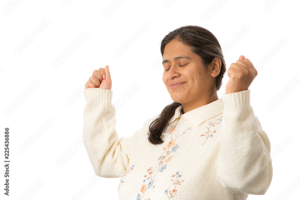 Hispanic Woman Raising Hands in Prayer Isolated on White Background Hispanic Woman Raising Hands in Prayer Isolated on White Background