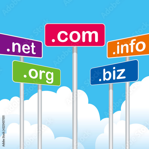 .com,.net,.biz,.info,.orgのプラカードのイラスト｜ドットコム、ドットネット、ドットビズ、ドットインフォ、ドットオーアールジー
