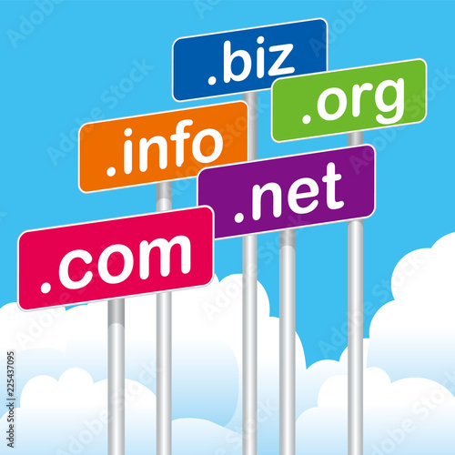 .com,.net,.biz,.info,.orgのプラカードのイラスト｜ドットコム、ドットネット、ドットビズ、ドットインフォ、ドットオーアールジー
