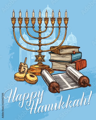 Happy Hanukkah greeting card, vector sketch