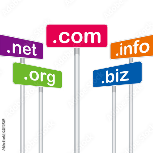 .com,.net,.biz,.info,.orgのプラカードのイラスト｜ドットコム、ドットネット、ドットビズ、ドットインフォ、ドットオーアールジー
