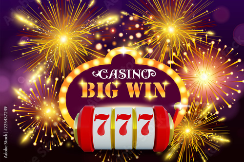 Big win 777 lottery vector casino concept with slot machine. Win jackpot in game slot machine illustration. Casino banner poster or flyer. Online casino background.