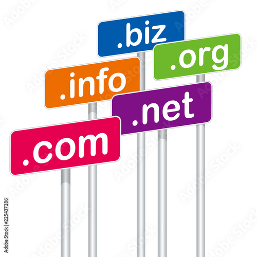 .com,.net,.biz,.info,.orgのプラカードのイラスト｜ドットコム、ドットネット、ドットビズ、ドットインフォ、ドットオーアールジー
