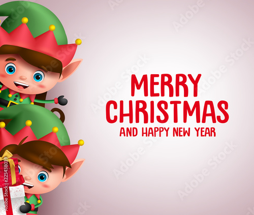 Christmas vector background template with kid elves characters showing merry christmas greeting in an empty space in white background. Vector illustration.

