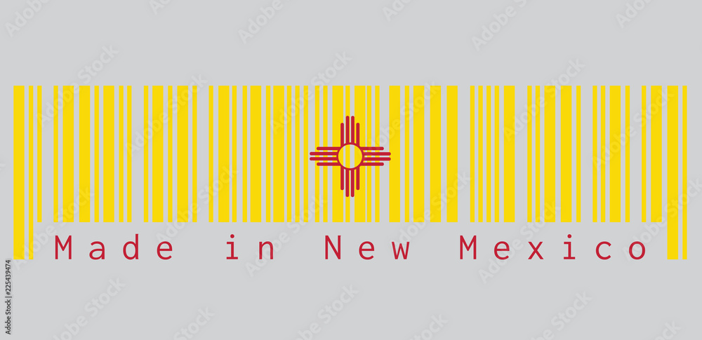 Naklejka premium Barcode set the color of New Mexico flag, The red and yellow of old Spain. The ancient Zia Sun symbol in red on yellow, text: Made in New Mexico. concept of sale or business.