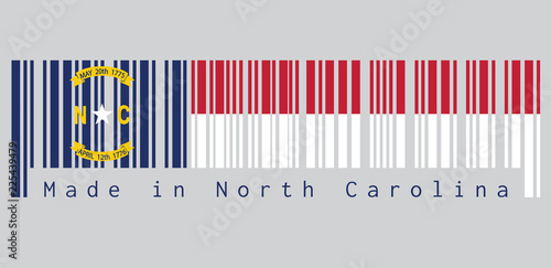 Barcode set the color of North Carolina flag, A blue union, a white star with N and C, the circle containing the same to be one-third the width of the union. text: Made in North Carolina.