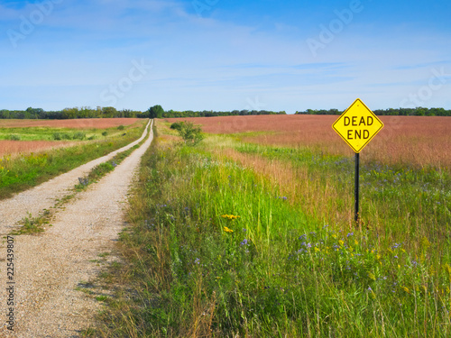 фотографія A Dead End sign posted along a rural gravel road on a sunny day.