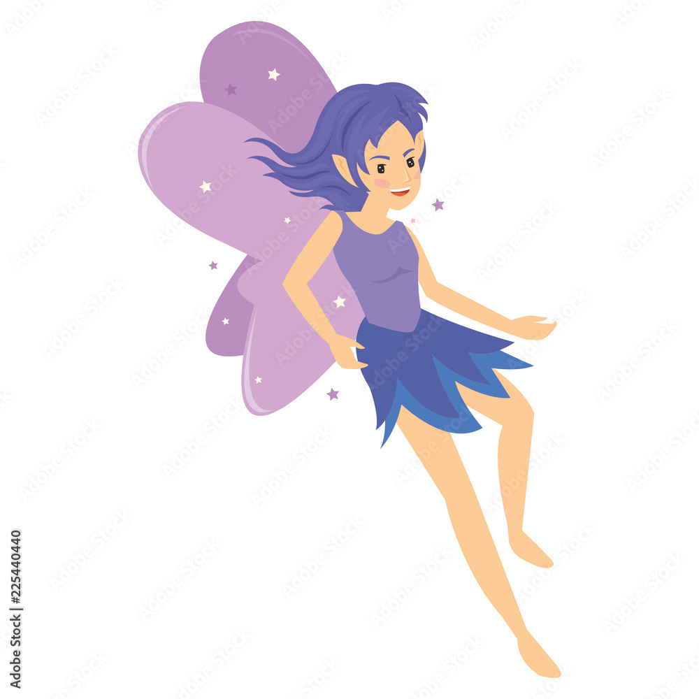young pretty angelic purple fairy girl flying with magic