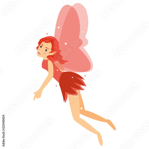 young pretty angelic fairy girl flying in her red costume