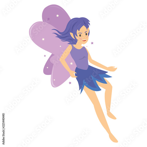 young pretty angelic purple fairy girl flying with magic