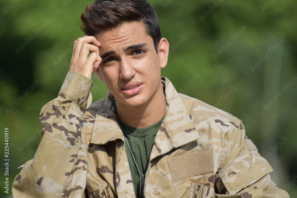 Confused Diverse Male Soldier