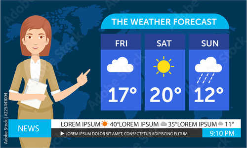 Young female weather reporter are work on the television