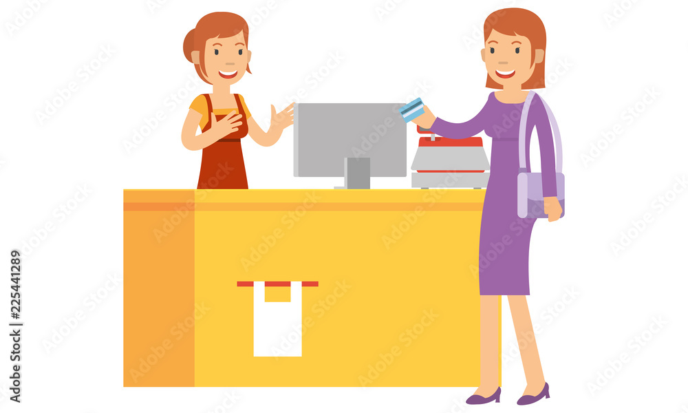 Beautiful cashier are serve the customer in the supermarket Beautiful cashier are serve the customer in the supermarket