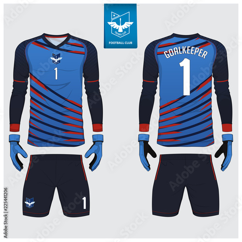 Goalkeeper jersey or soccer kit, long sleeve shirt, goalkeeper glove template design. Blue sport t-shirt mock up. Front and back view football uniform. Flat football logo. Vector Illustration.